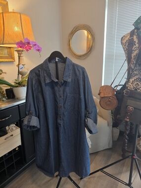 SHEIN Dark Blue Denim Midi Shirt Dress